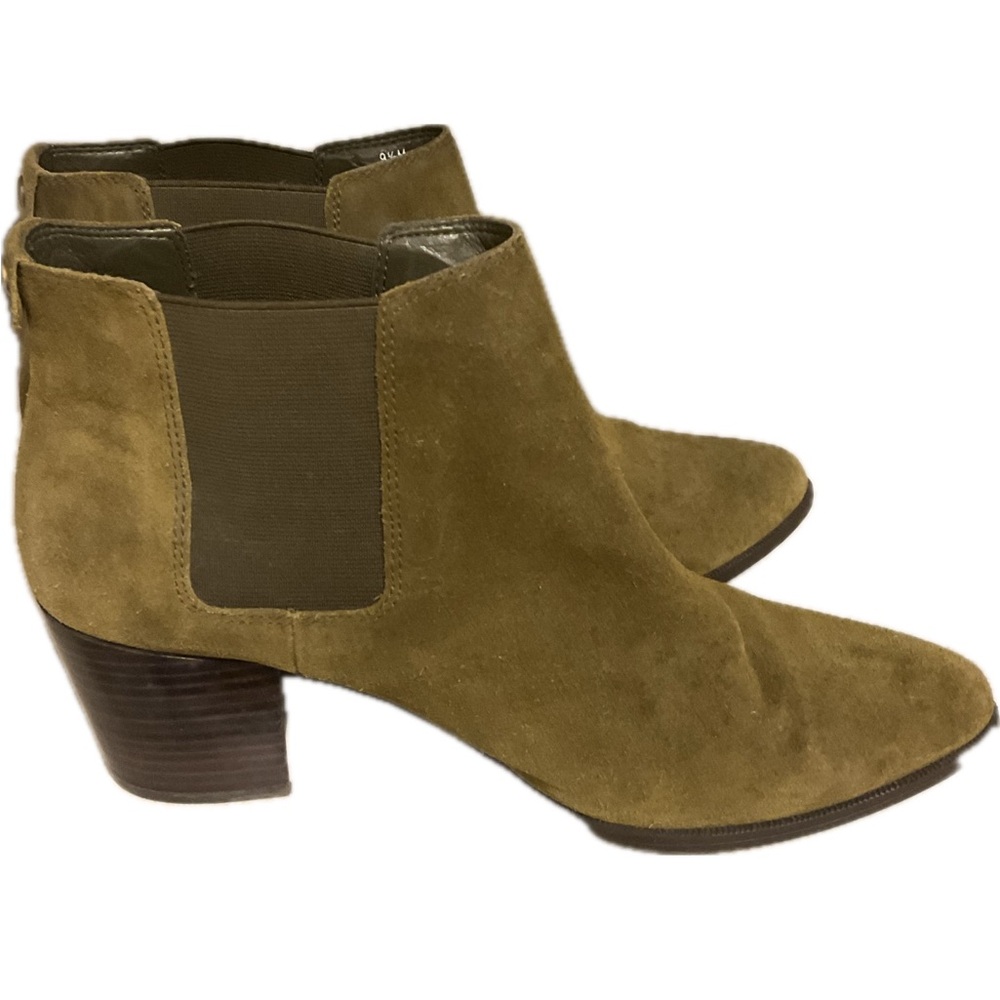 Anne Klein Geordanna Chelsea Pull on Olive Suede Ankle Booties
